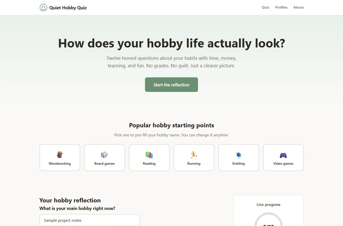 Screenshot of Quiet Hobby Maturity Quiz interface showing the project page in use